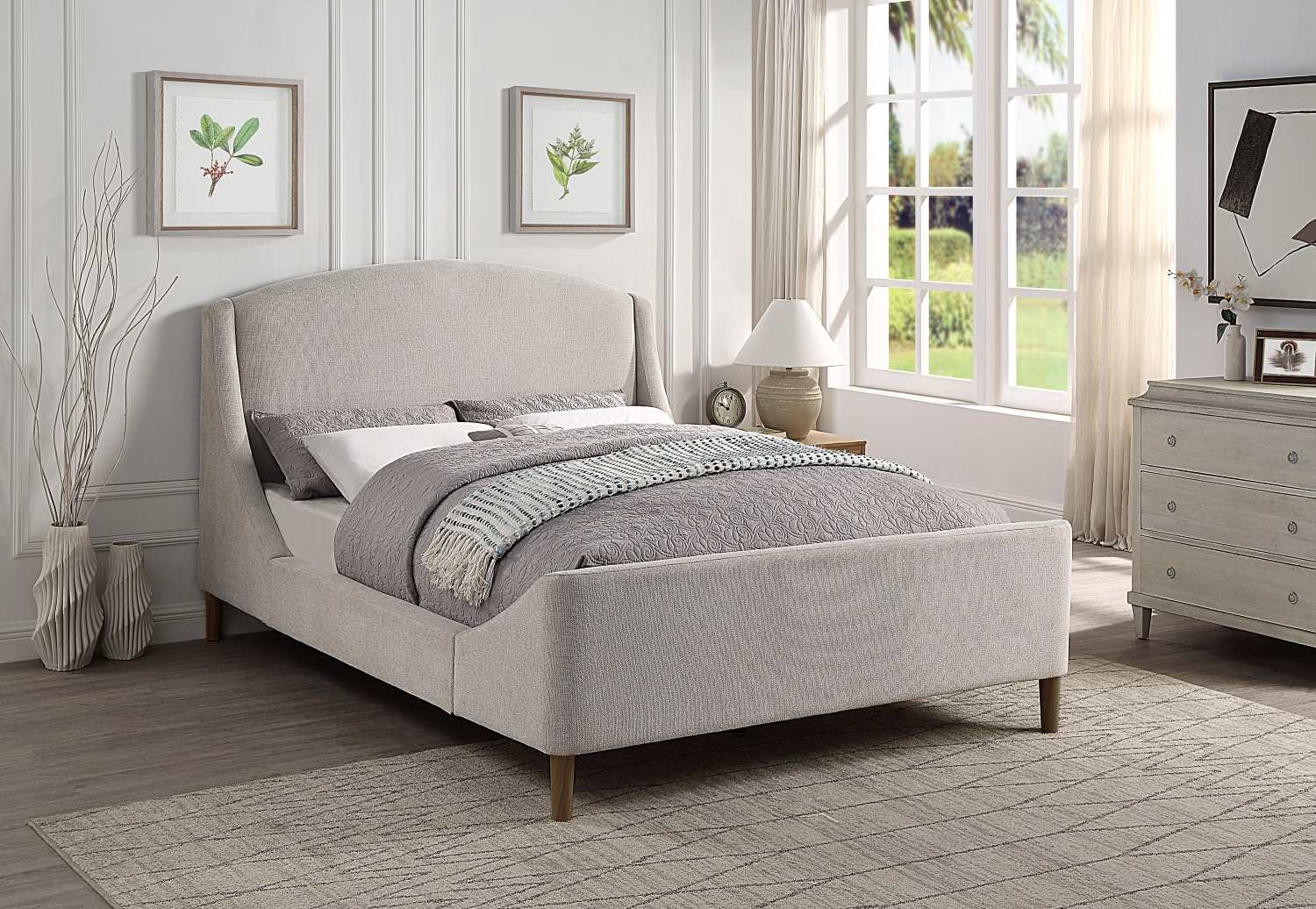 Sabrina Beige Fabric Platform Bed with Brown Wooden Legs 5835