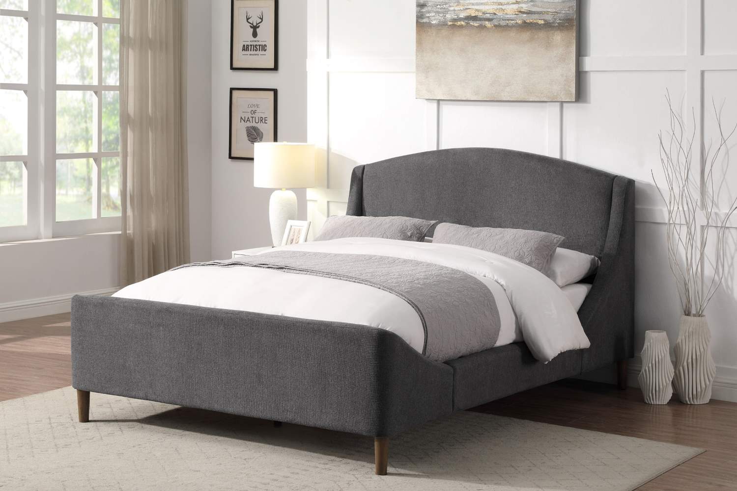 Sabrina Dark Grey Fabric Platform Bed with Brown Wooden Legs 5835