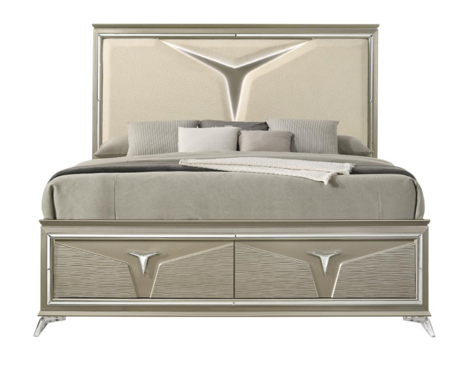 Samantha Bed With LED Light & Storage Footboard Olive Silver 1591