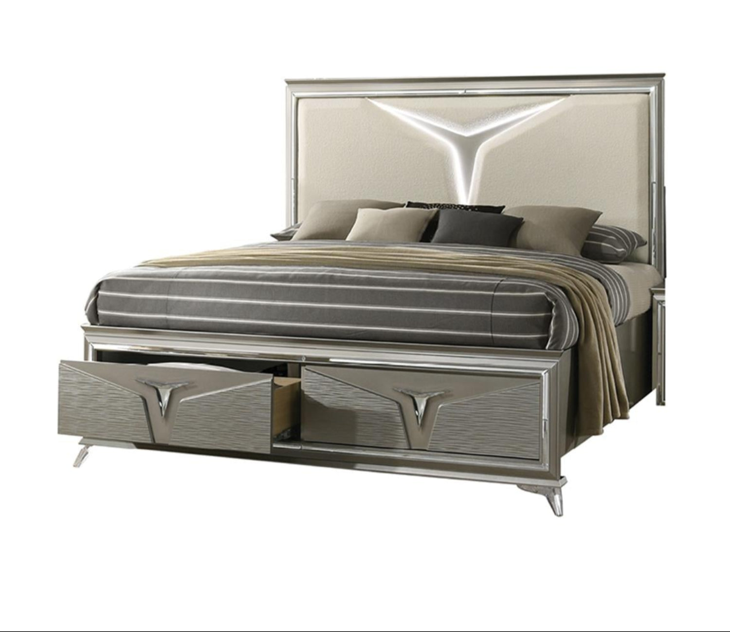 Samantha Bed With LED Light & Storage Footboard Olive Silver 1591