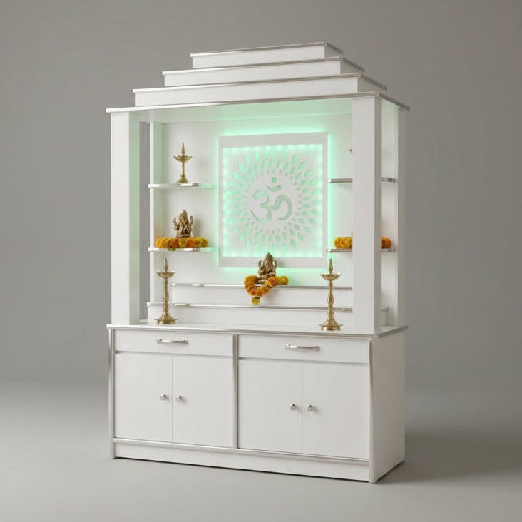 White cabinet with religious symbols on a gray background