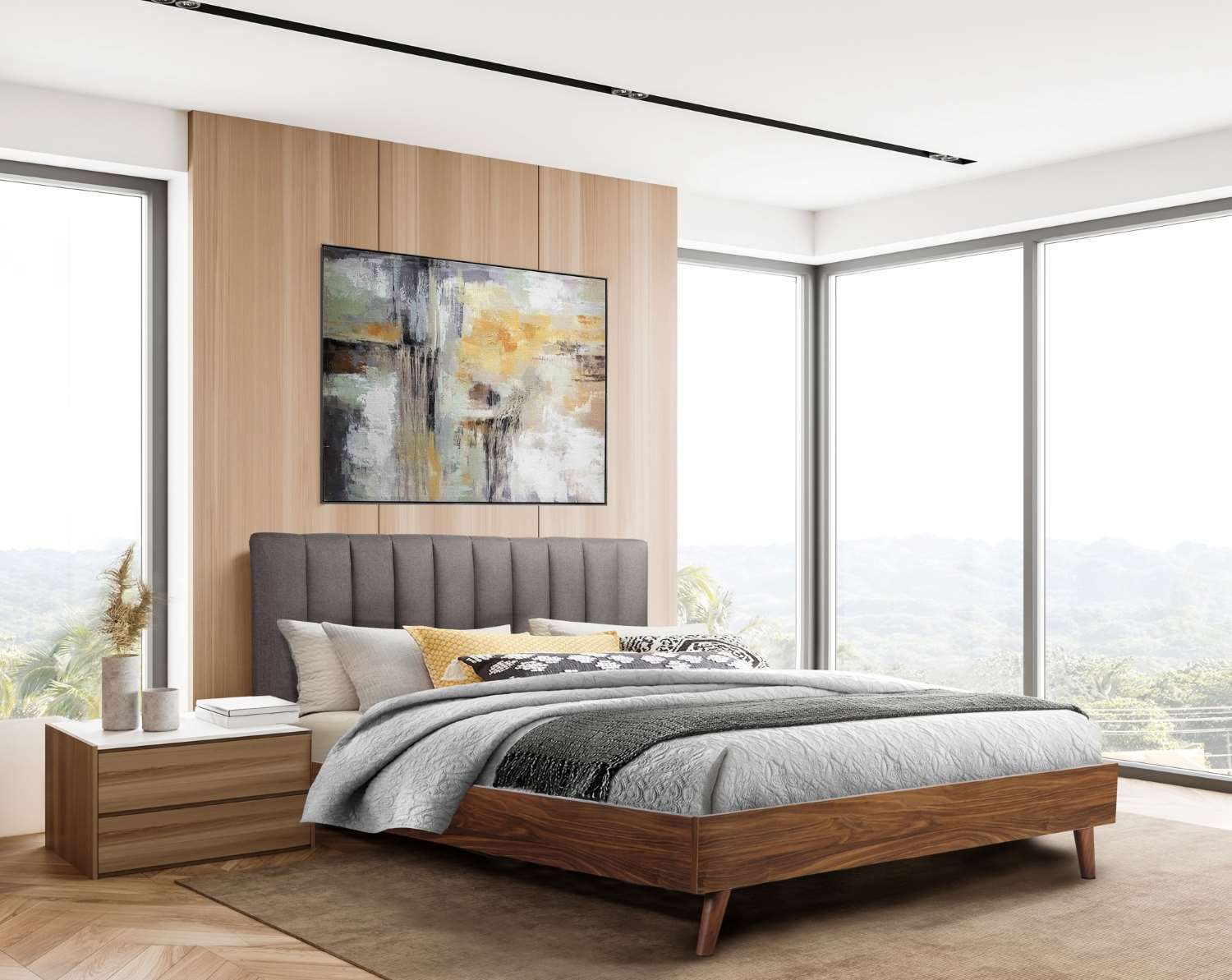 Sasha Walnut & Grey Platform Bed with Upholstered Headboard 5891