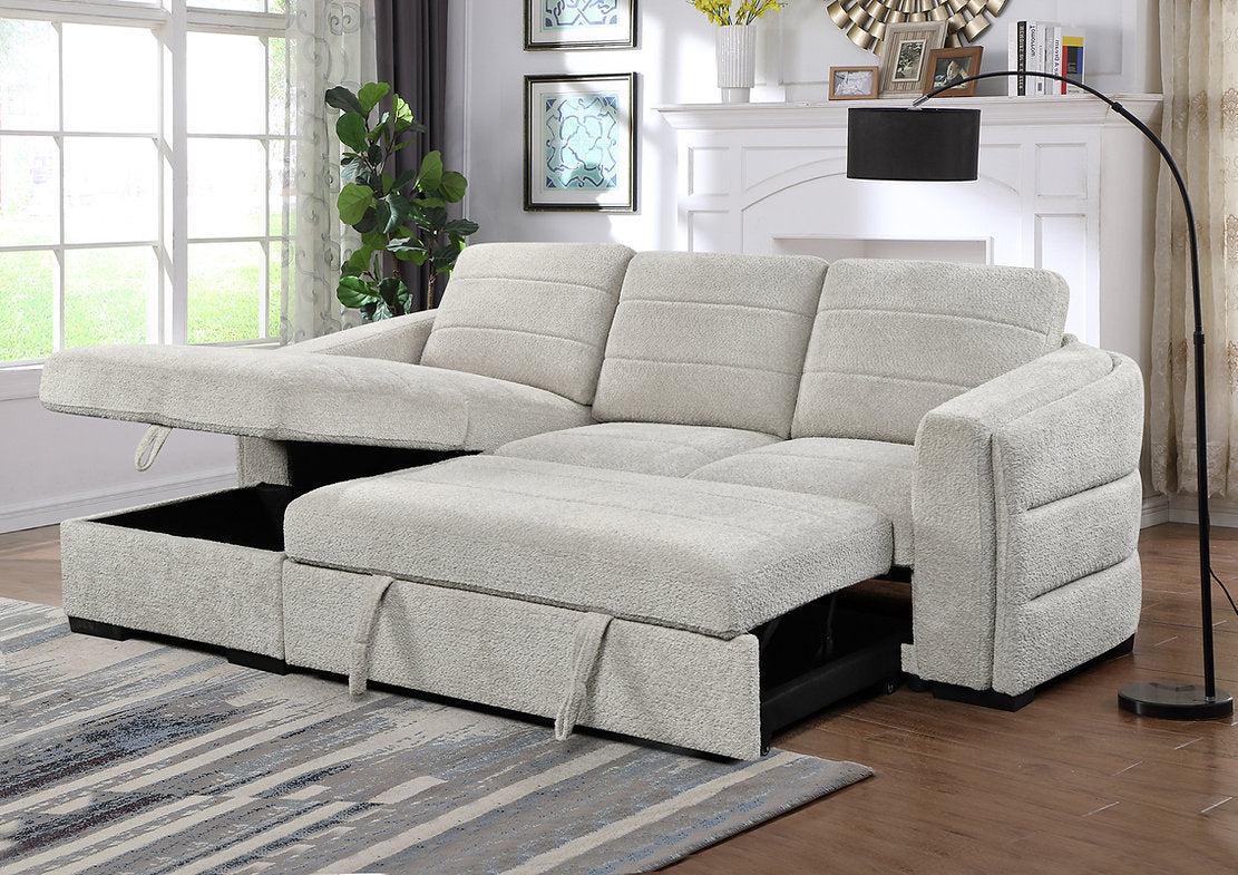 Sectional Sofa Bed Soft Light Grey Boucle Fabric 9085 / 9086