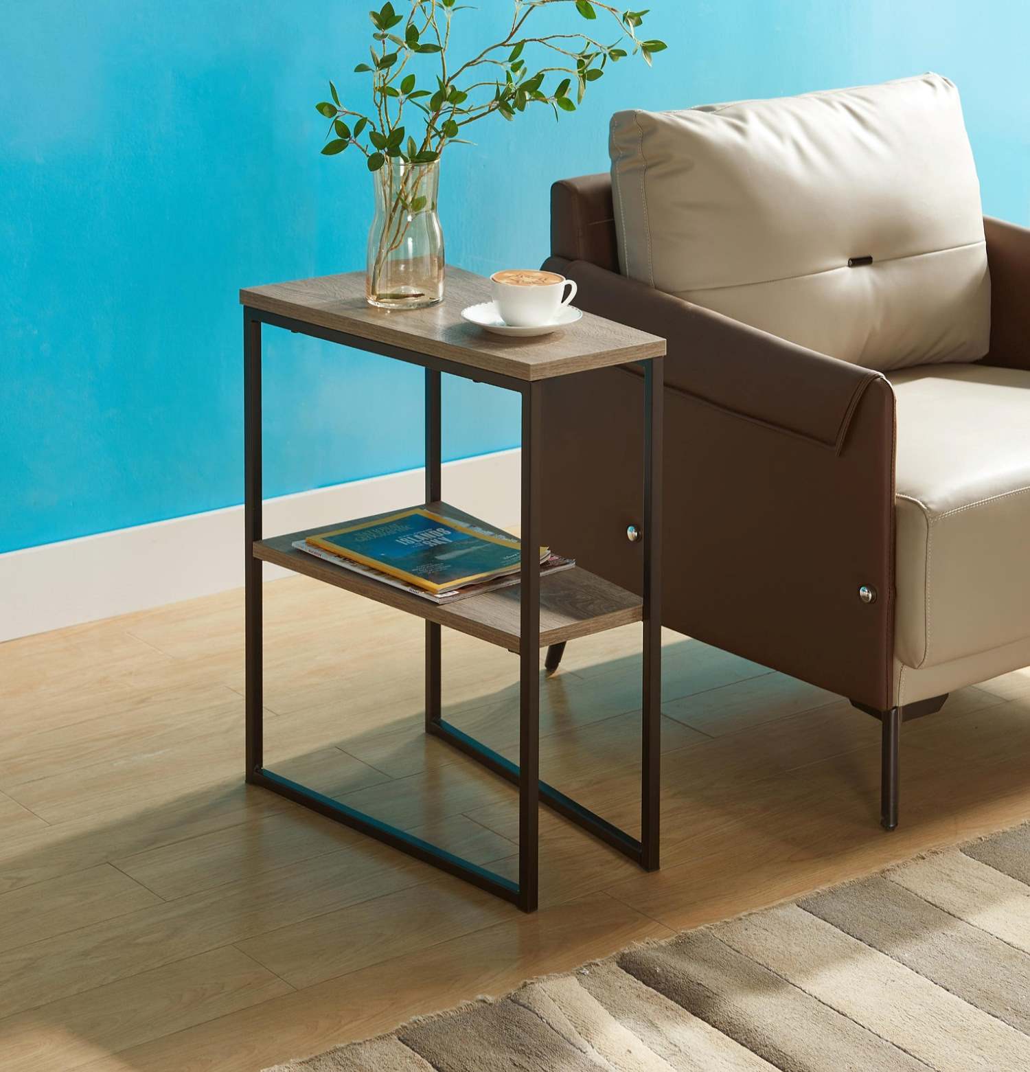 Side Table with Sturdy Black Powder-Coated Steel Frame 080