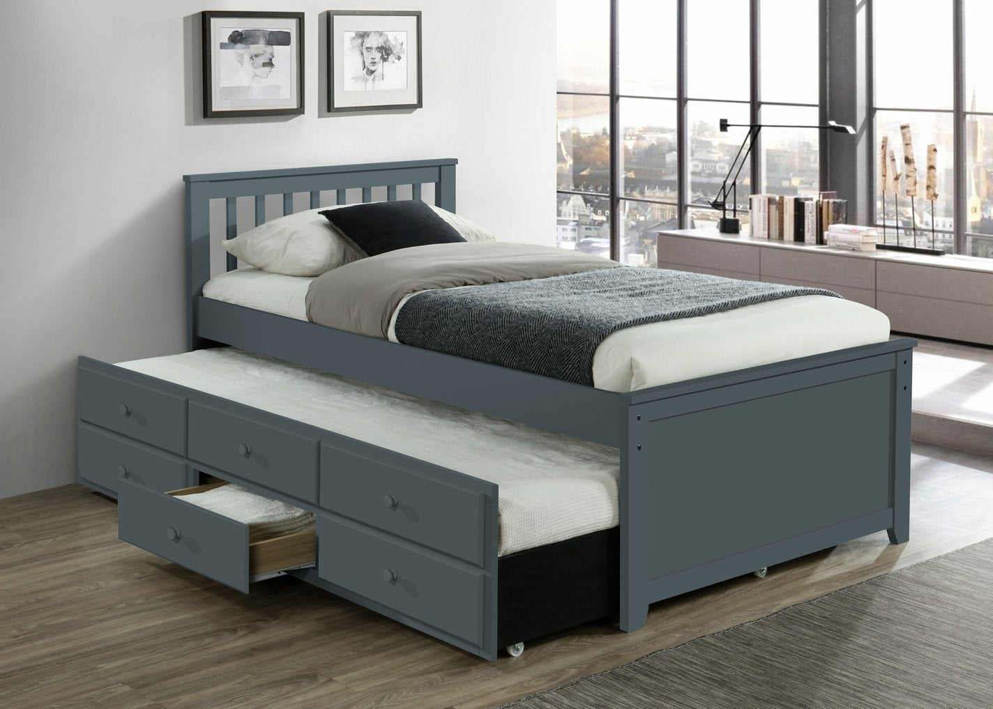 Grey Bed with Trundle Single 300