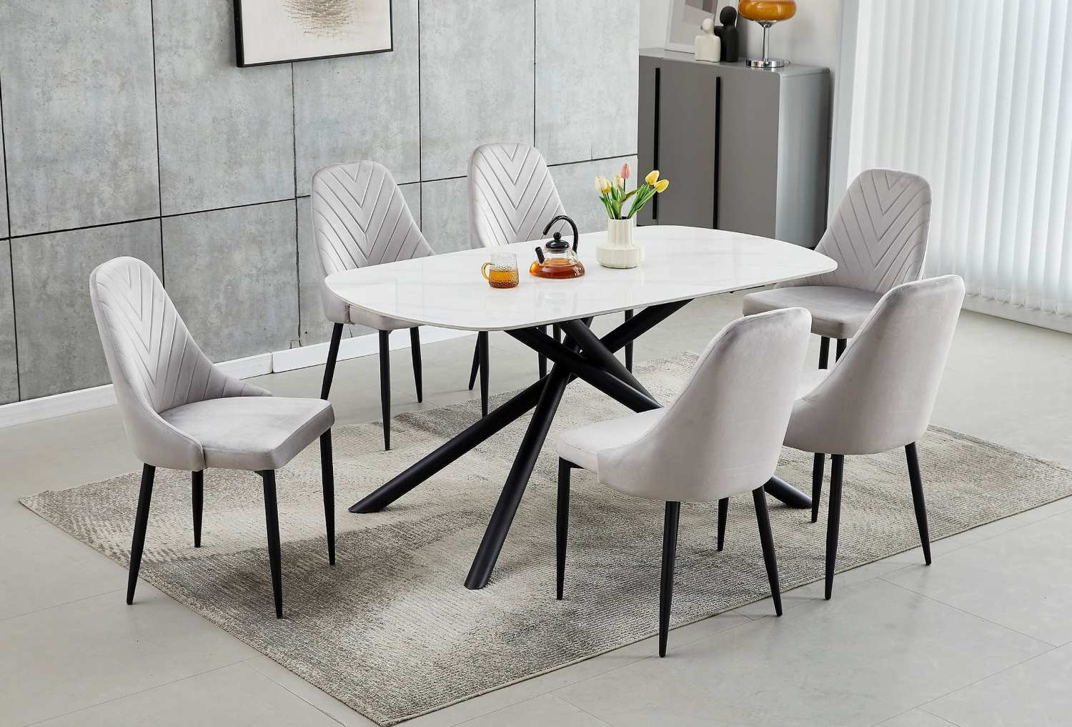 Sintered Stone White Marble Table with Velvet Chairs T-1530 C-1531