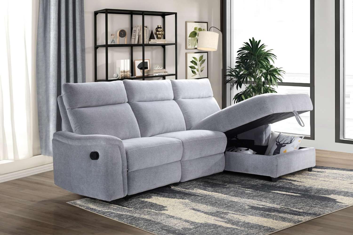 Skava Grey Fabric Recliner Sectional with Lift-Top Storage Chaise 99027