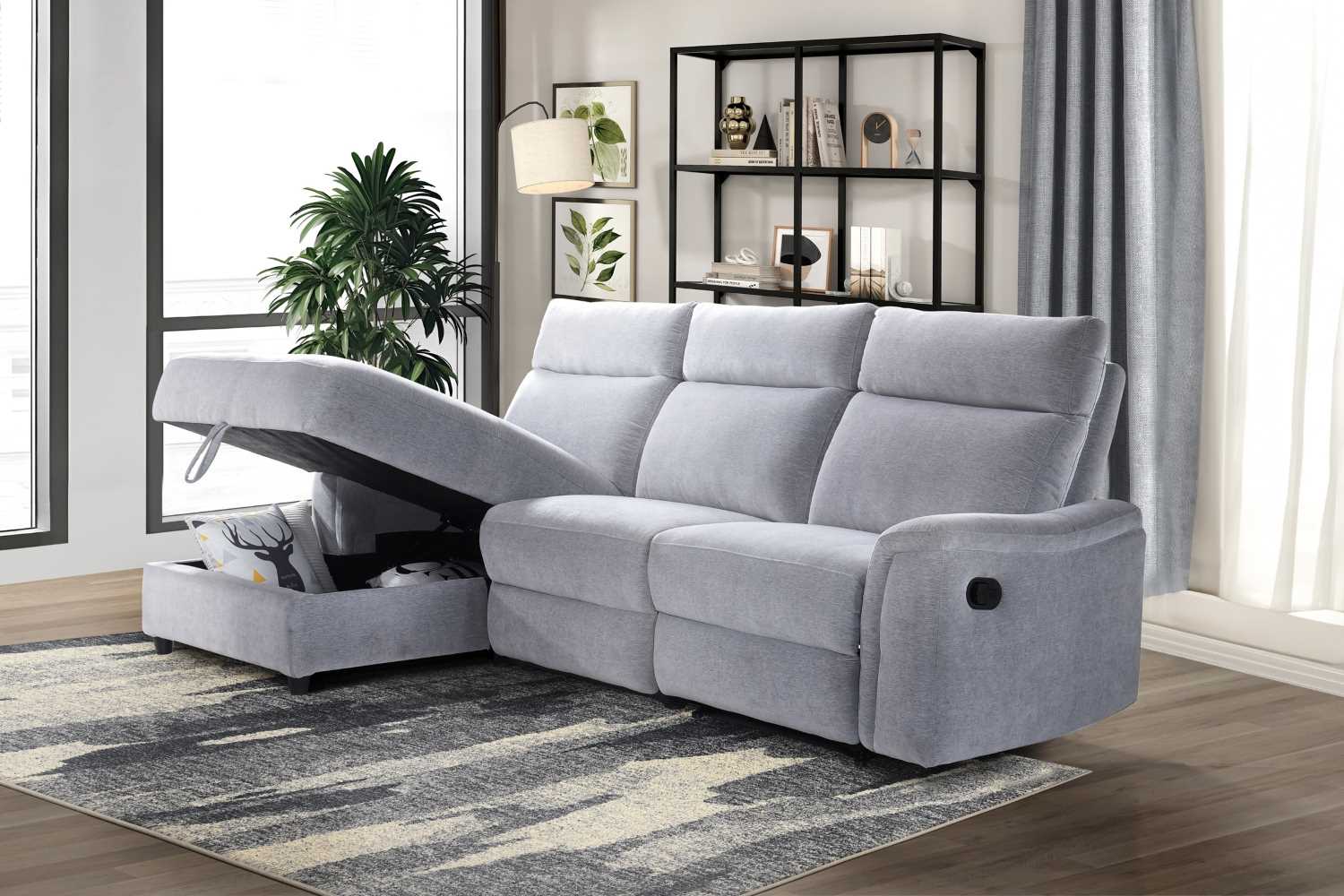 Skava Grey Fabric Recliner Sectional with Lift-Top Storage Chaise 99027