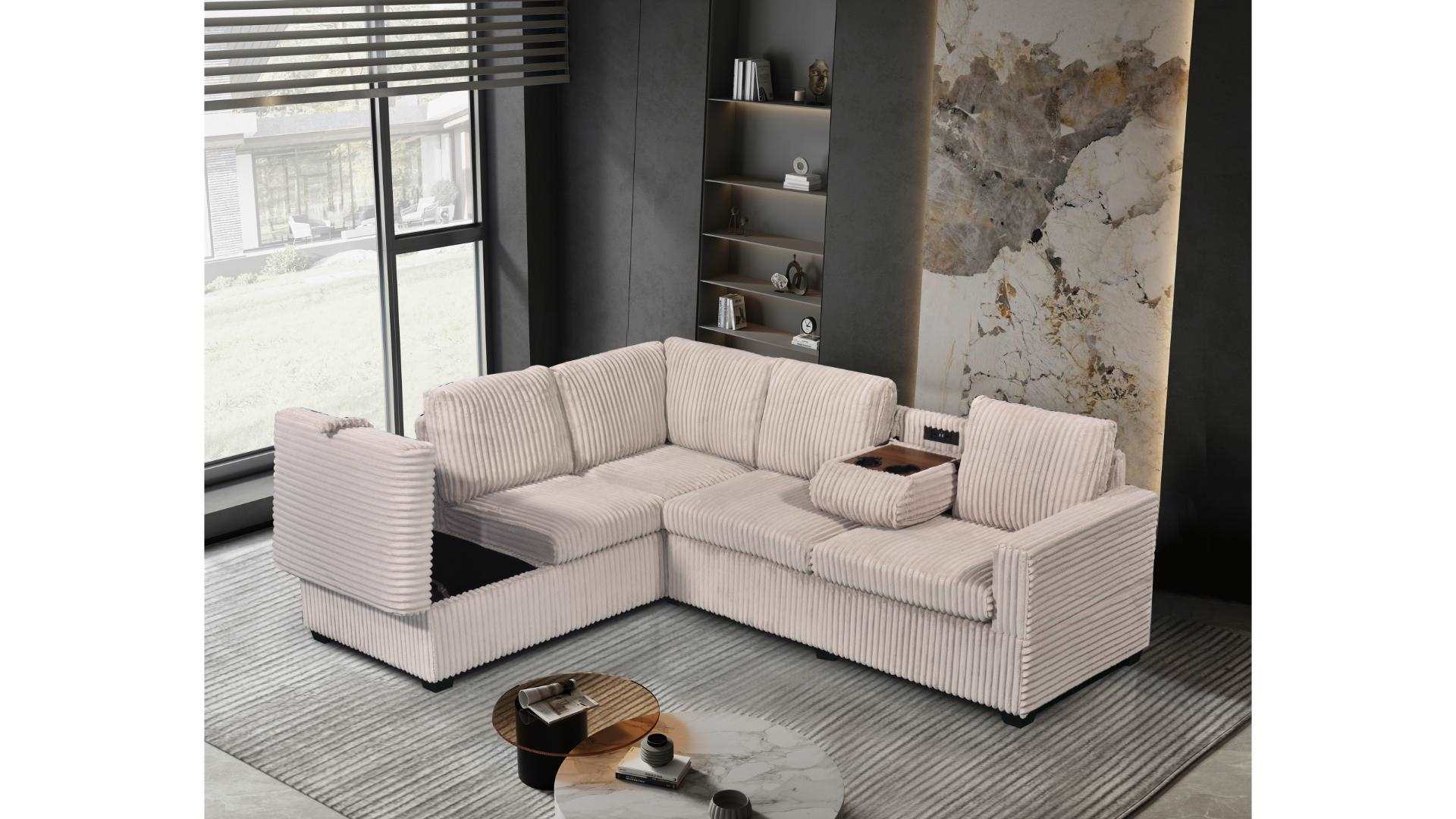 Snug Beige Reversible Sectional Sofa Drop Down Console and USB Ports 3755