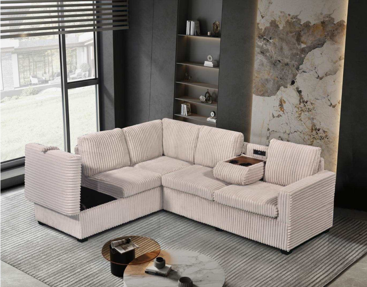 Snug Beige Reversible Sectional Sofa Drop Down Console and USB Ports 3755