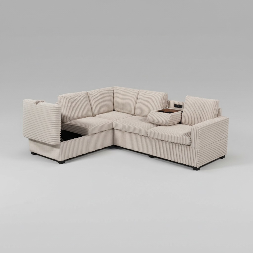 Snug Beige Reversible Sectional Sofa Drop Down Console and USB Ports 3755