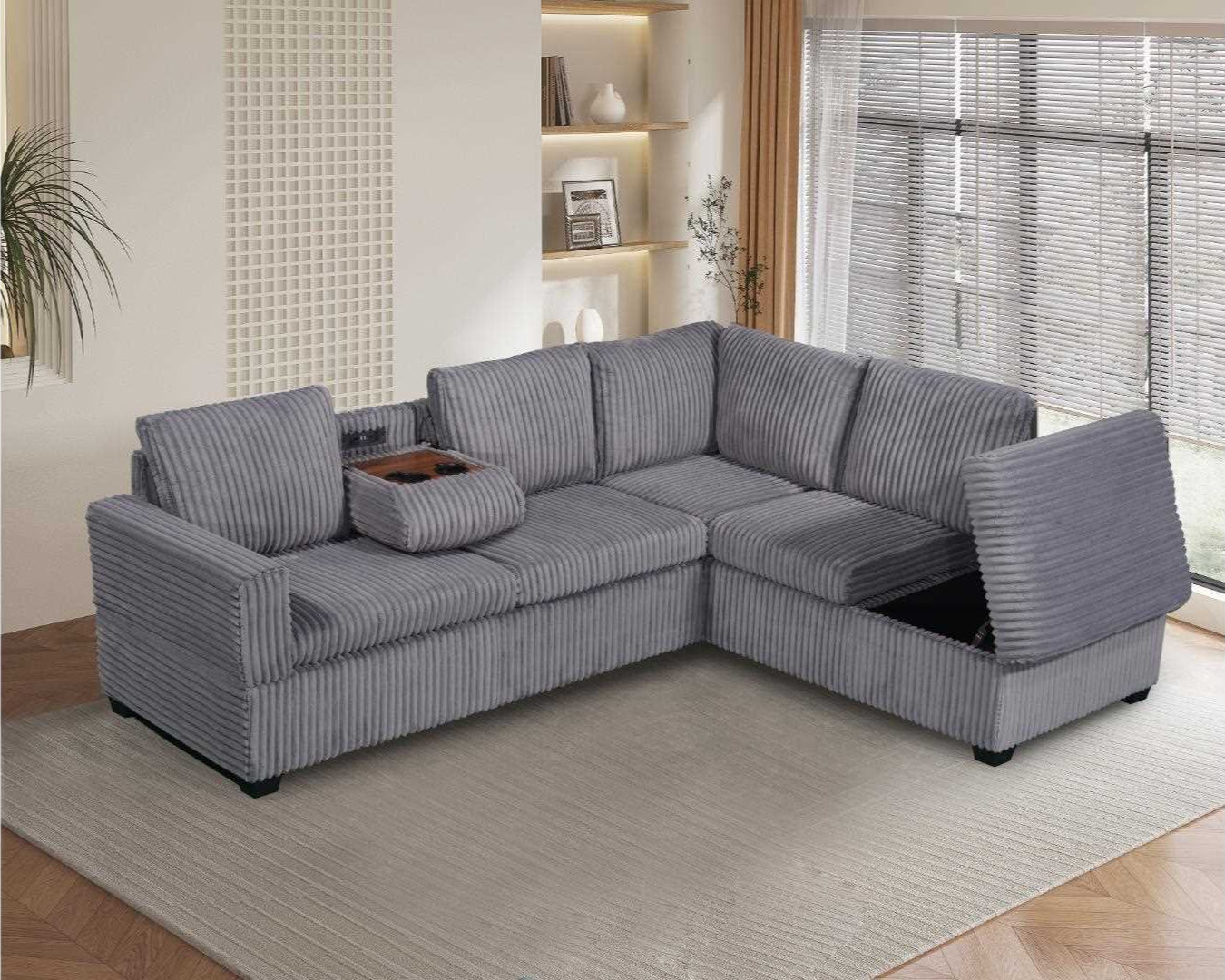 Snug Grey Reversible Sectional Sofa Drop Down Console and USB Ports 3755