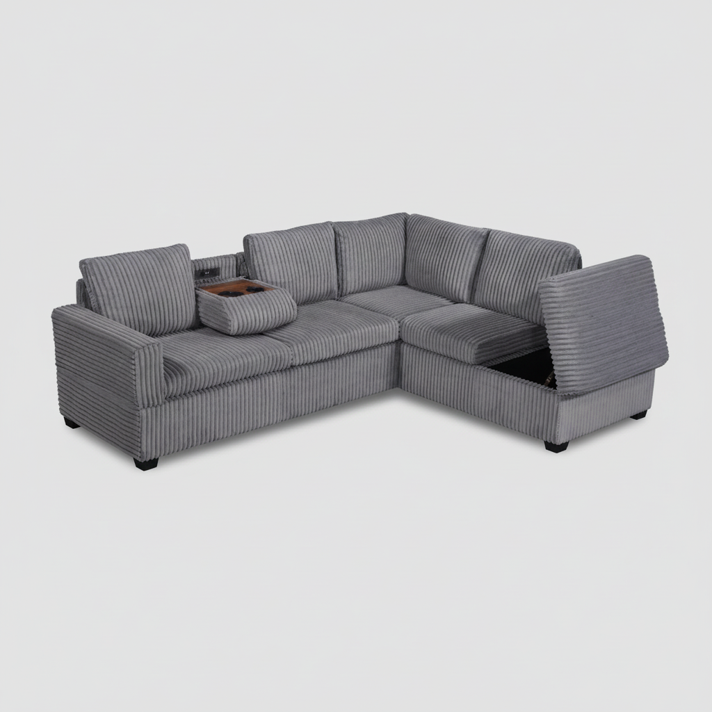 Gray sectional sofa with storage on a white background