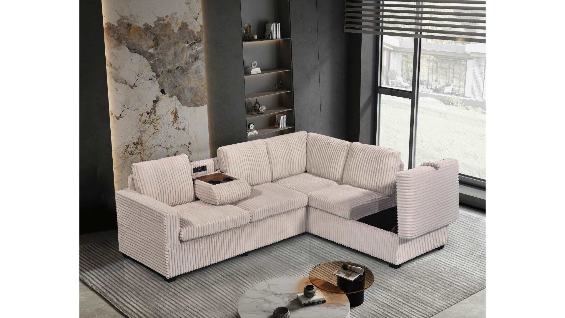 Snug Beige Reversible Sectional Sofa Drop Down Console and USB Ports 3755
