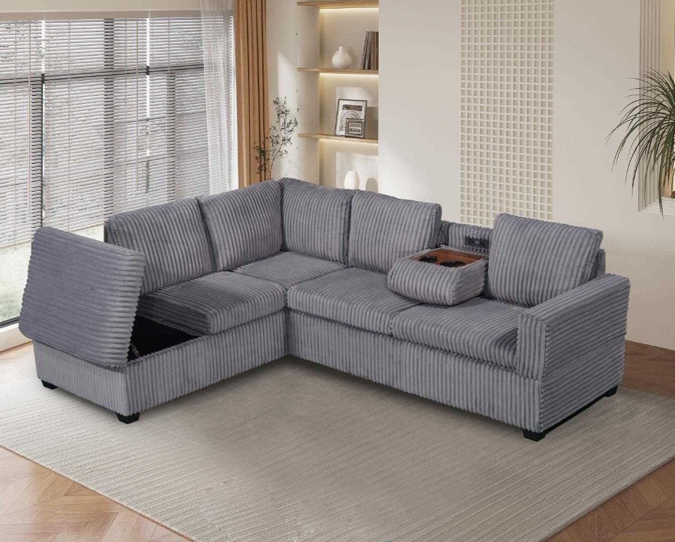 Snug Grey Reversible Sectional Sofa Drop Down Console and USB Ports 3755