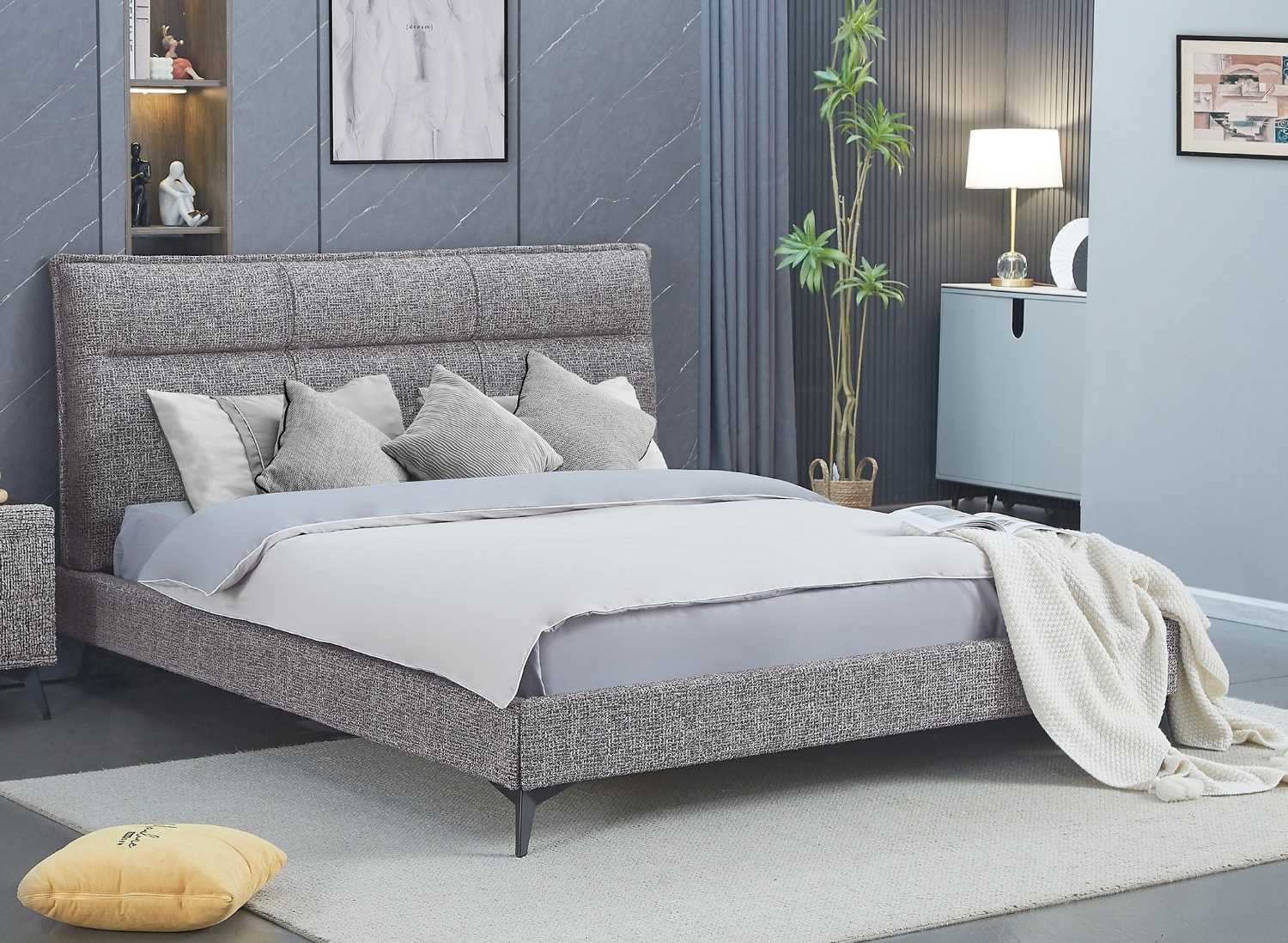 Soft Touch Grey Fabric Platform Bed With Black Steel Legs 5935