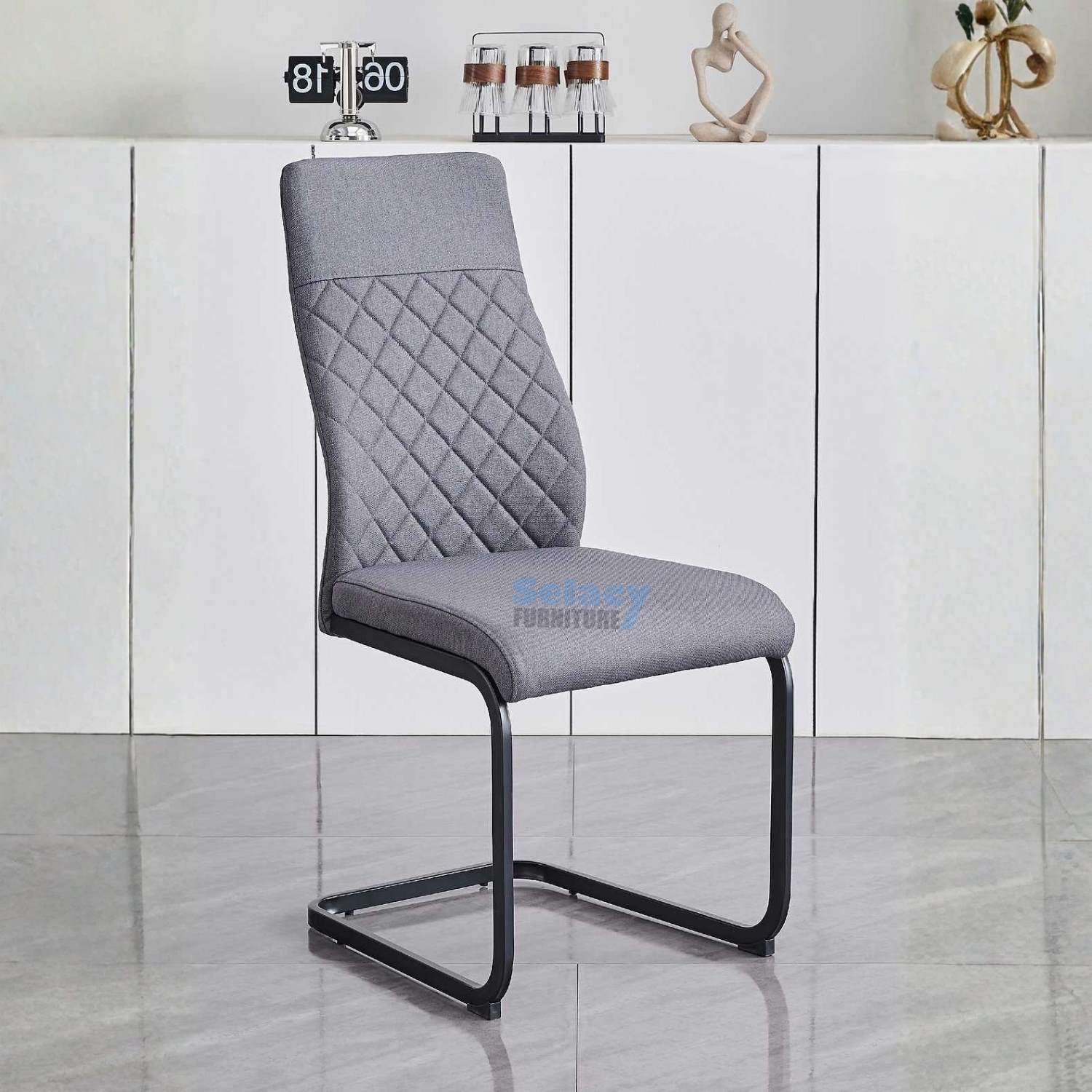 Soft Grey Fabric Dining Chairs Set of 6 with Black Steel Base 1573