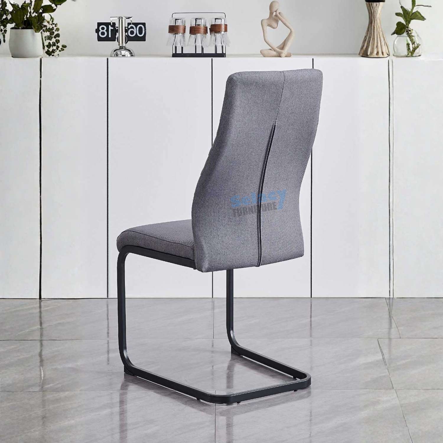 Soft Grey Fabric Dining Chairs Set of 6 with Black Steel Base 1573