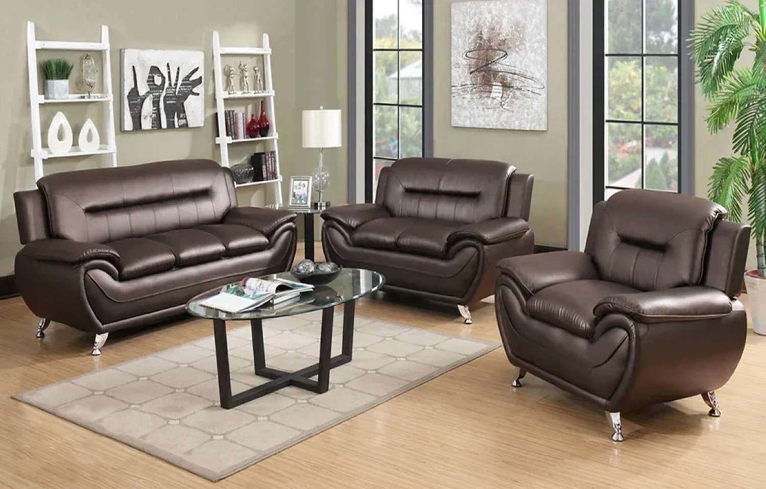 Speedy Brown Faux Leather 3pc Sofa Set with Chrome Legs 868