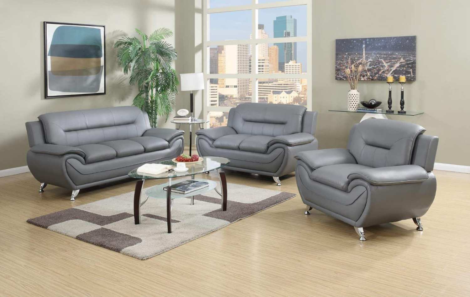 Speedy Grey Faux Leather 3pc Sofa Set with Chrome Legs 868