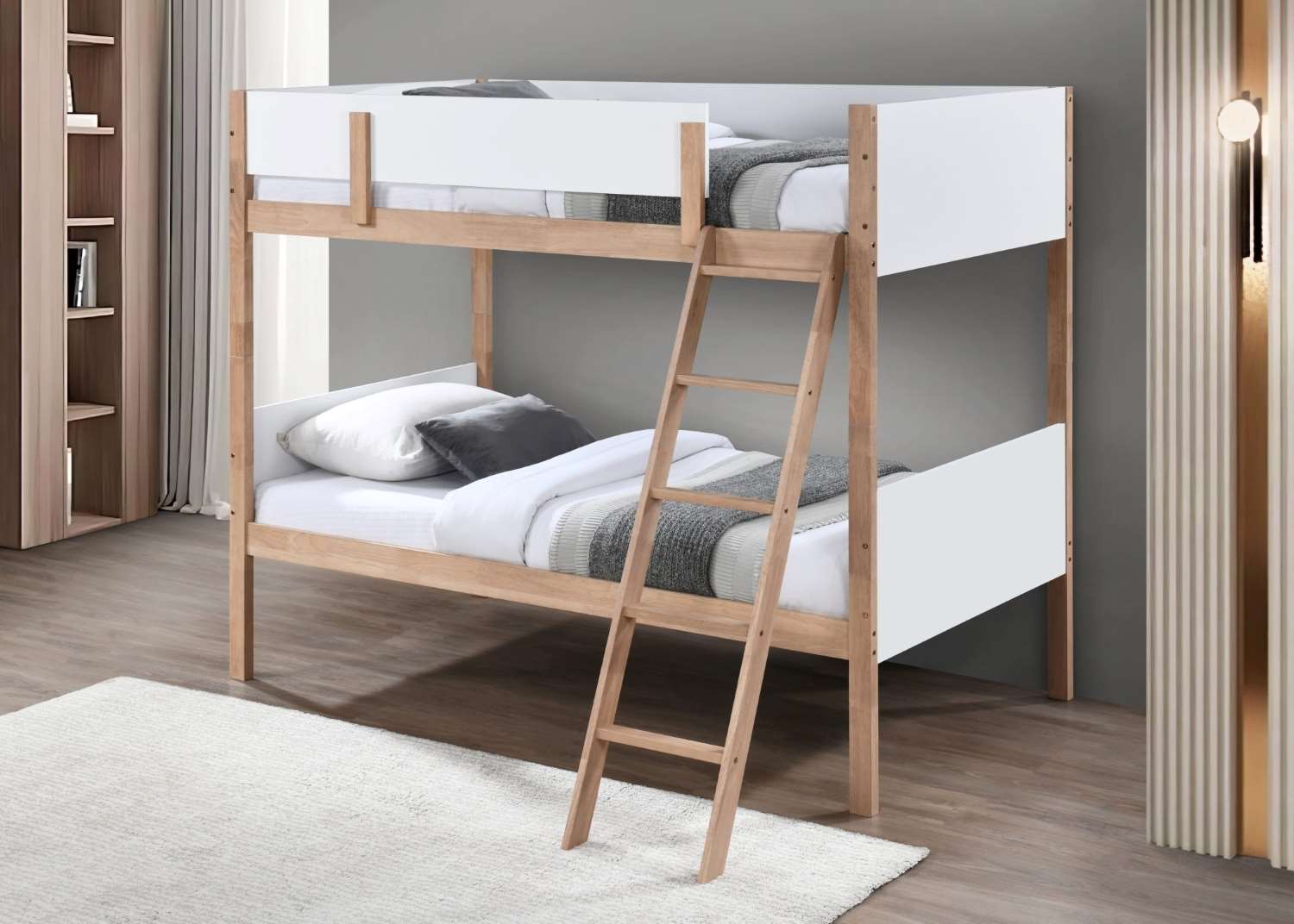 Splittable White/Oak Wooden Bunk Bed 2515