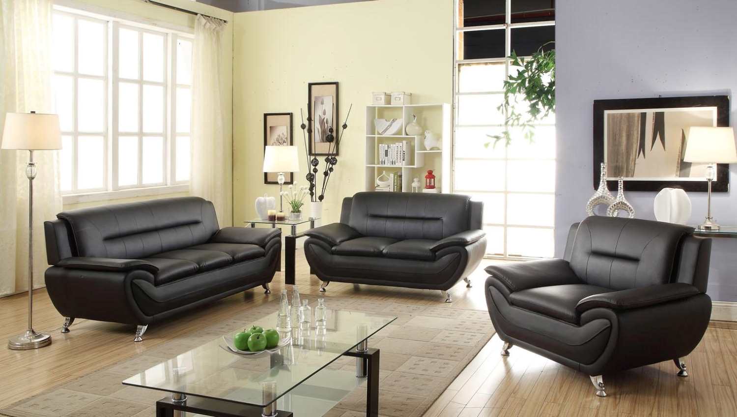 Spruce Black Faux Leather Sofa Set 3350 / 868