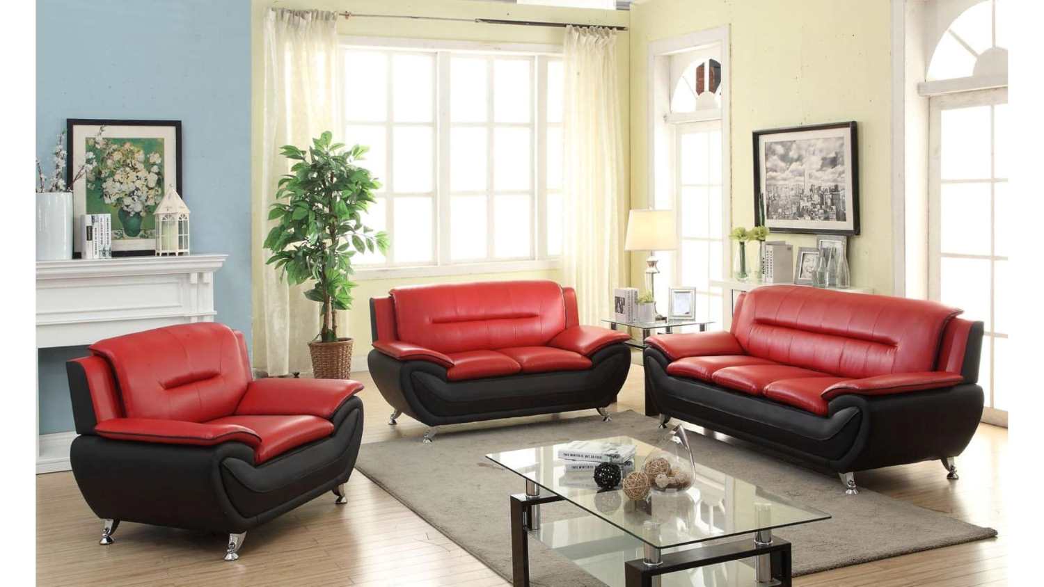 Spruce Red & Black Faux Leather Sofa Set 3350/868
