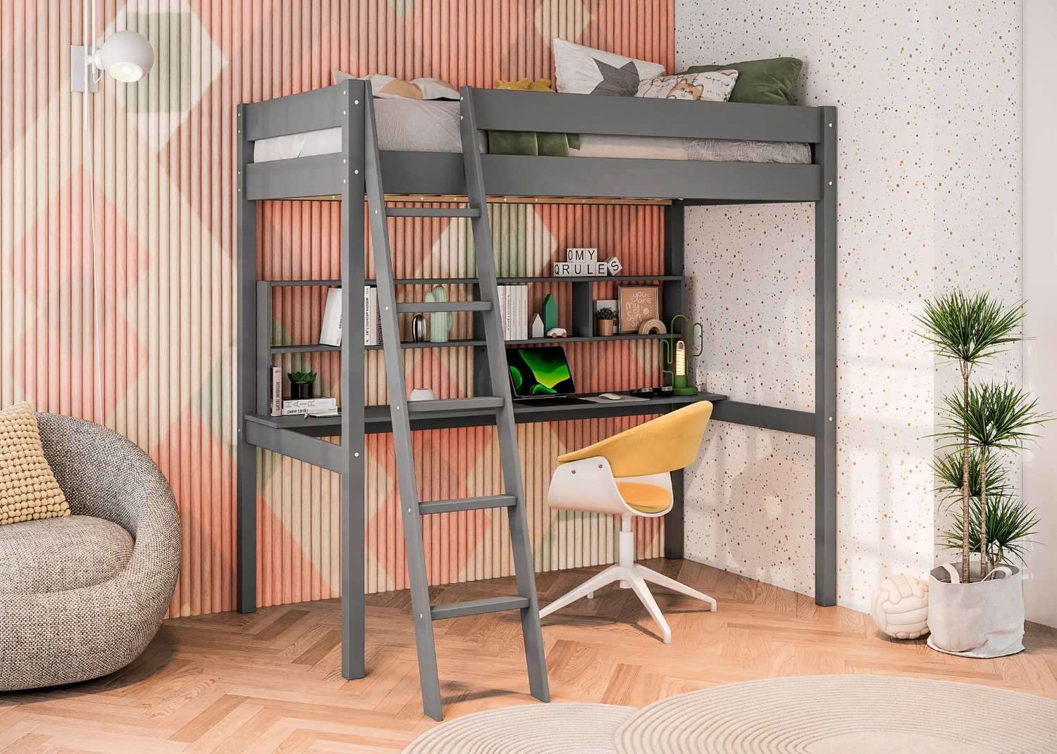 Swan Wooden Twin Loft Bed with Desk Bunk Bed Light Grey 2006