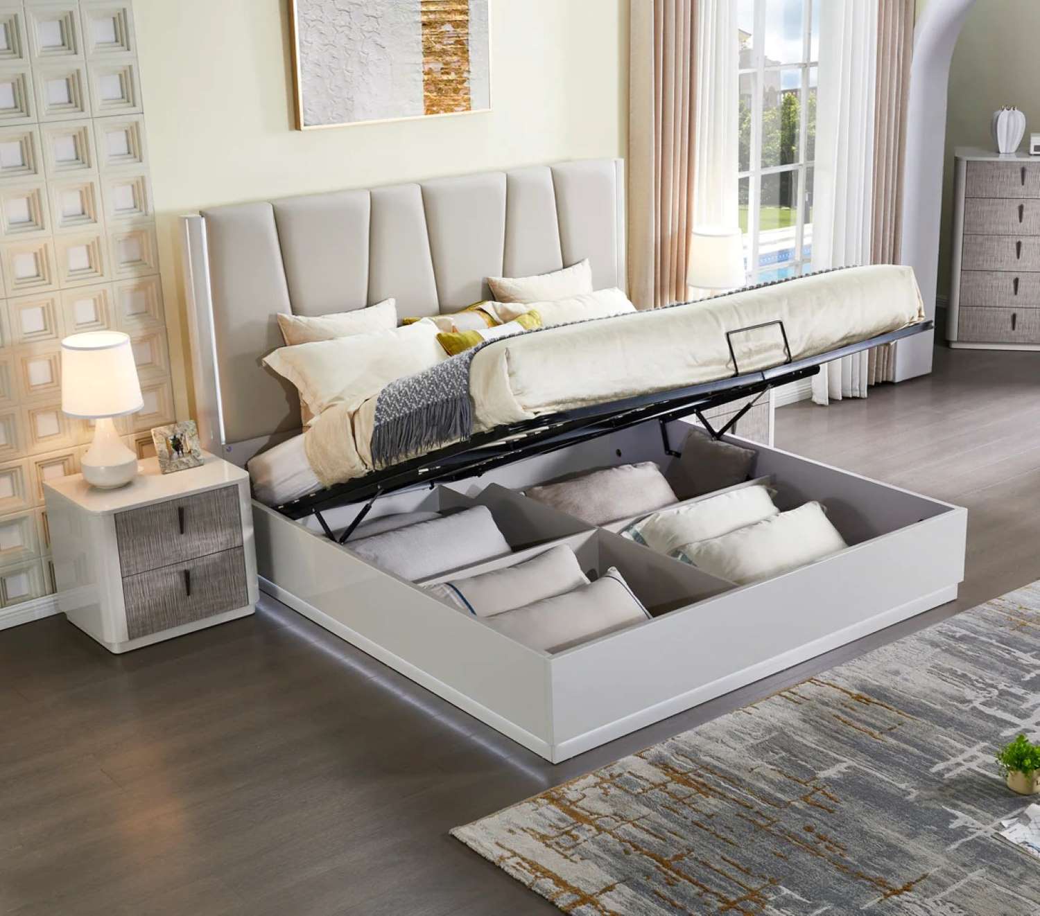 Symphony Light Grey Hydraulic Lift Queen 6pc Bedroom Set