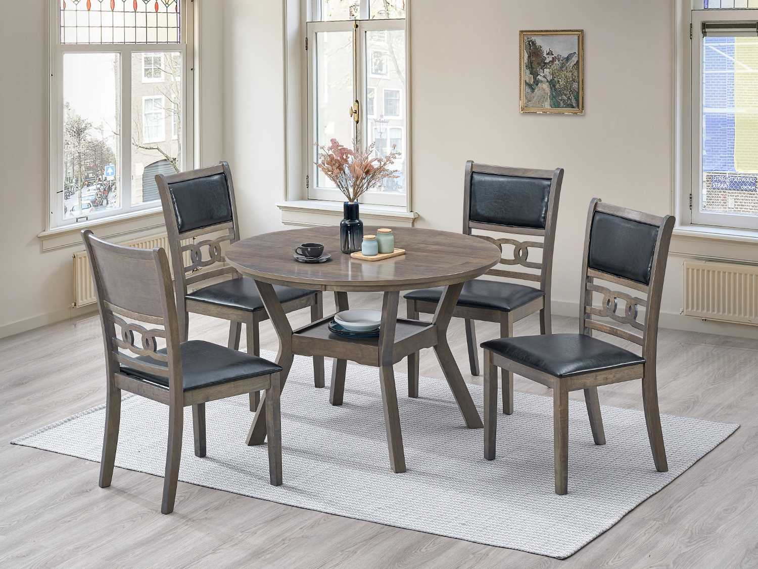 Antique Grey Round Dining Table with 4 Black PU Chairs T-1079 / C-1083