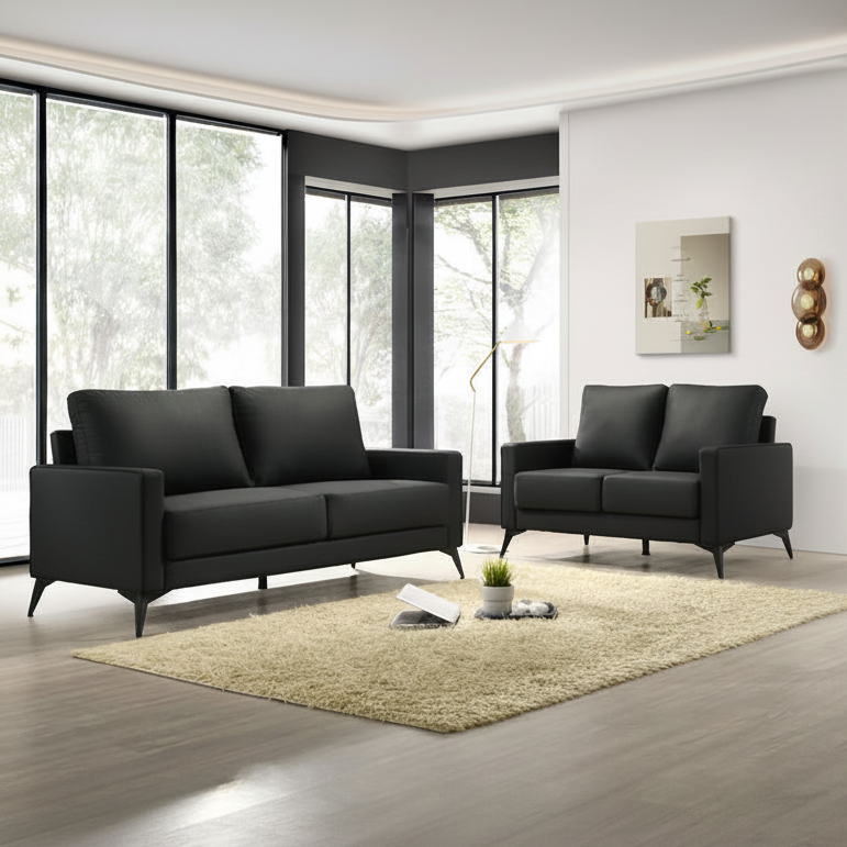Modern living room with black sofas and large windows