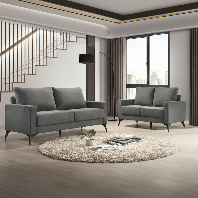 Charcoal Lenin Fabric Pocket Coil Seating Sofa Set 1176