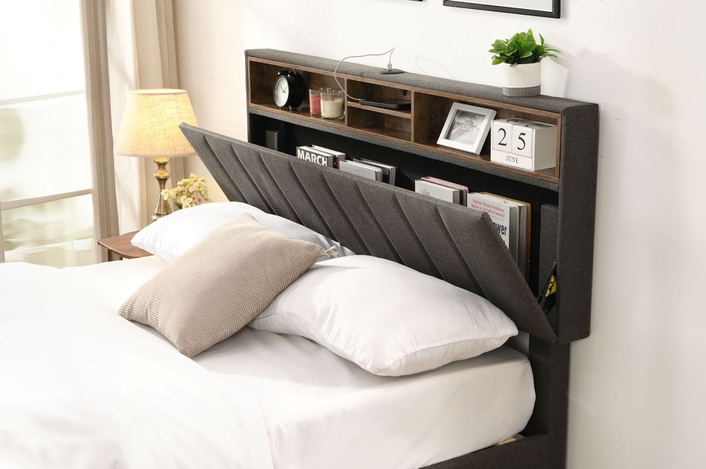 Storage Platform Bed in Light Grey Fabric T2178