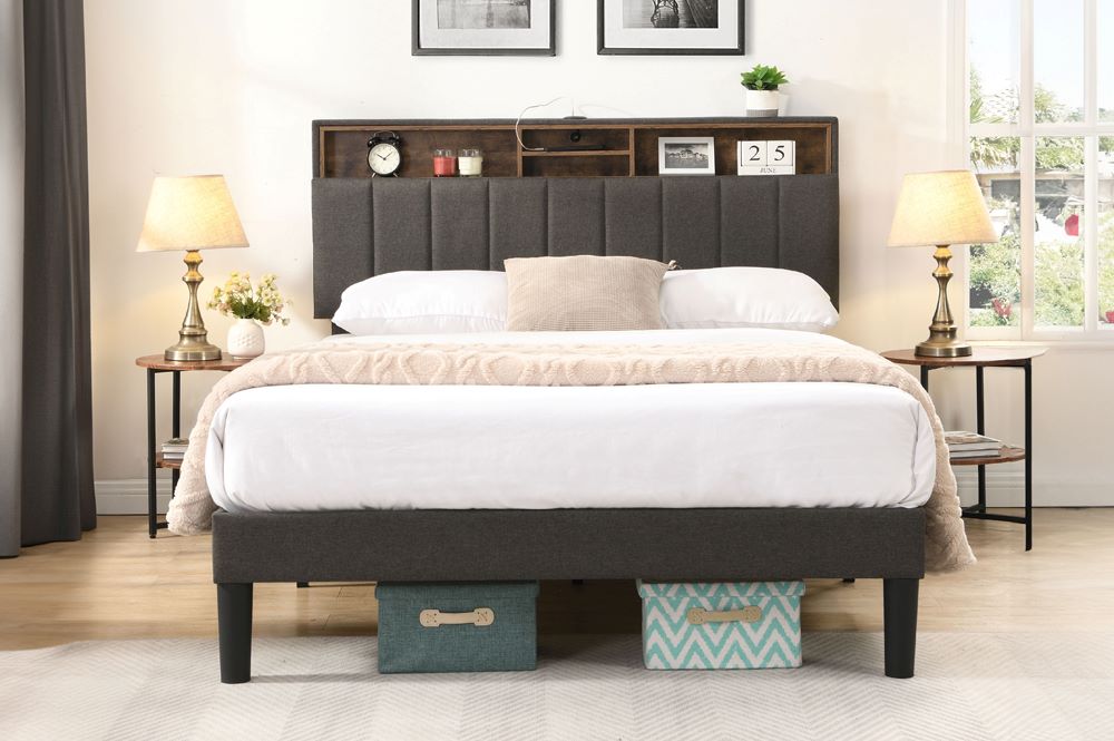 Storage Platform Bed in Light Grey Fabric T2178