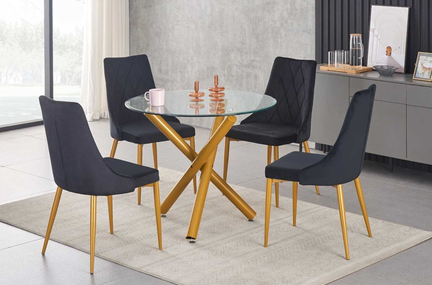 Tempered Glass Round Dining Table with 4 Black Velvet Chairs 3547 / 219