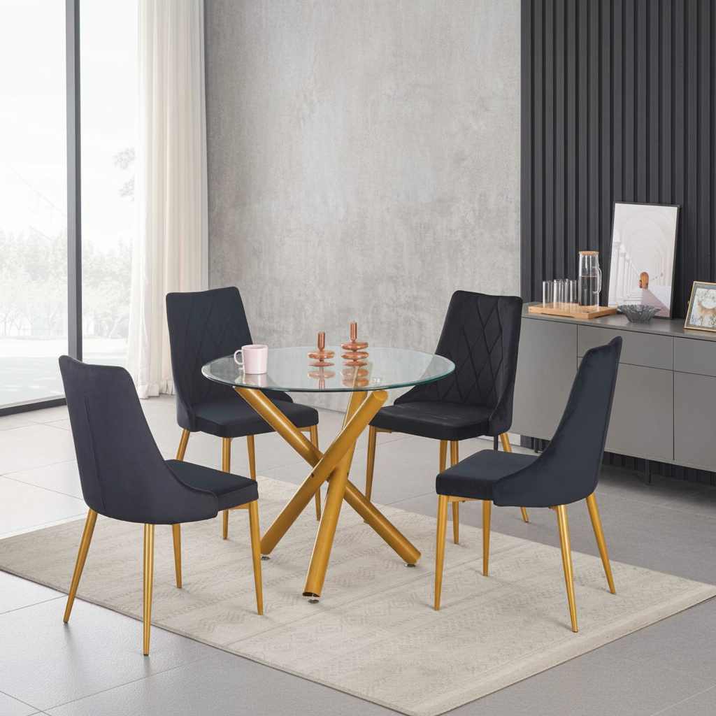 Tempered Glass Round Dining Table with 4 Black Velvet Chairs 3547 / 219