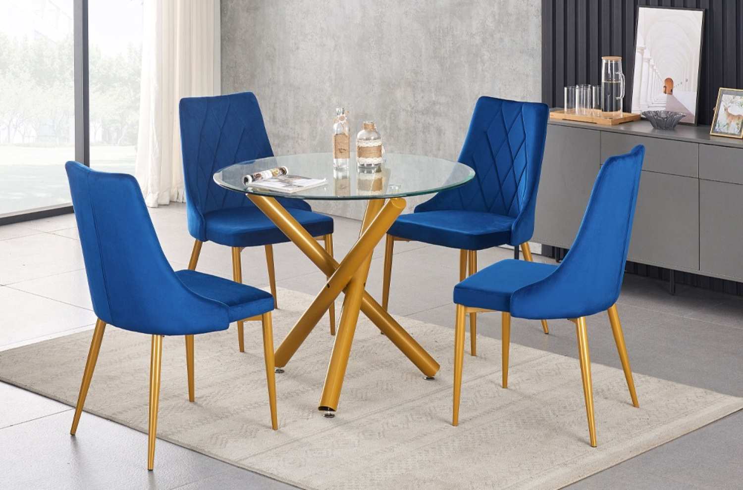 Tempered Glass Round Dining Table with 4 Blue Velvet Chairs 3547 / 219