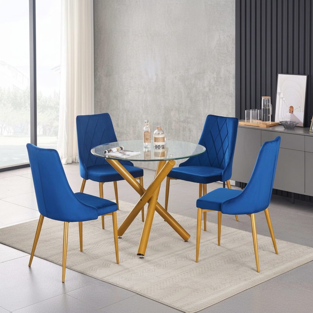 Tempered Glass Round Dining Table with 4 Blue Velvet Chairs 3547 / 219