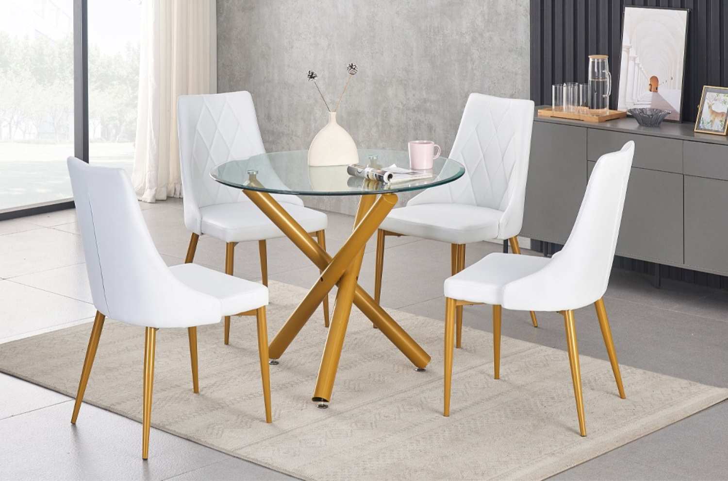 Tempered Glass Round Dining Table with 4 White PU Chairs 3547 / 219