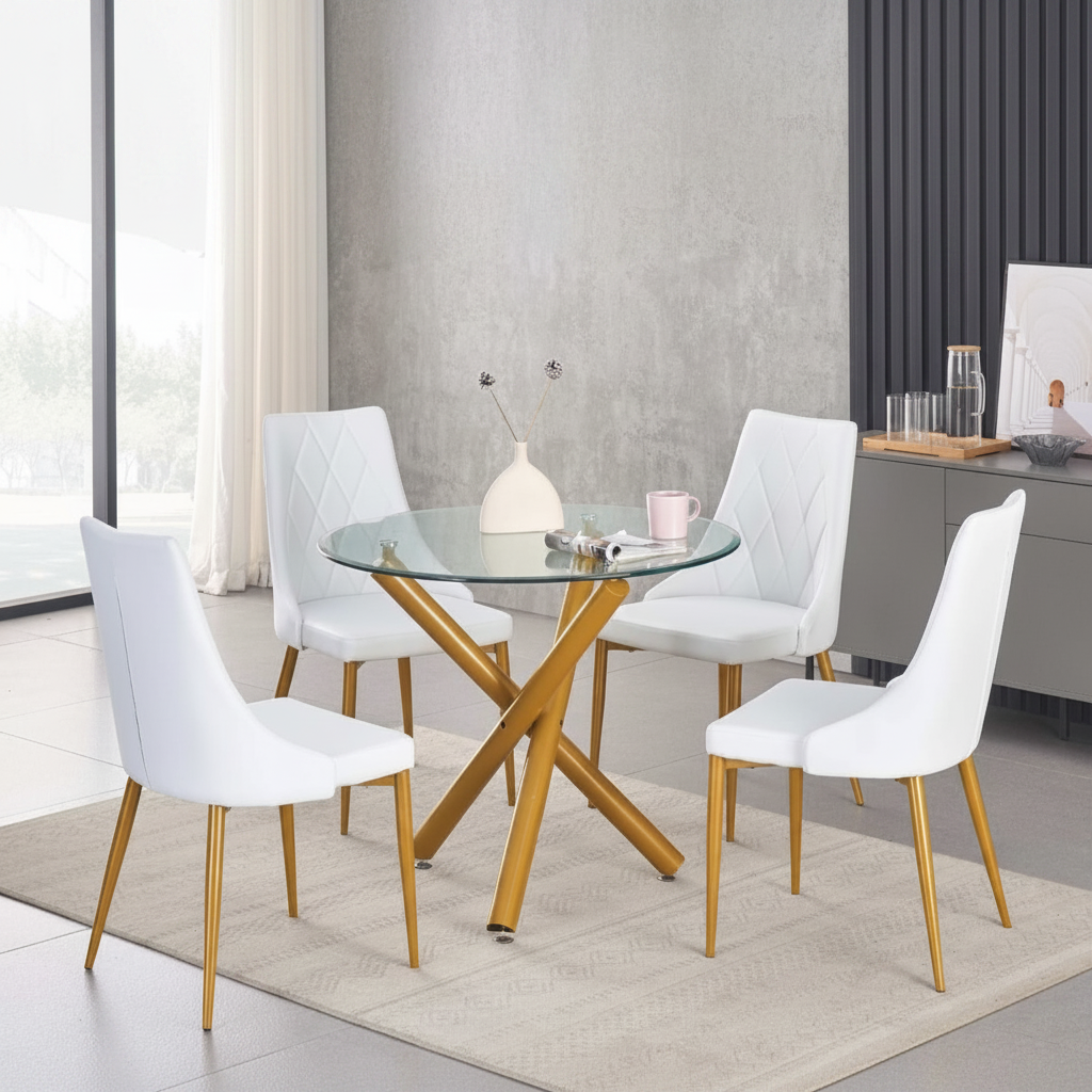 Tempered Glass Round Dining Table with 4 White PU Chairs 3547 / 219