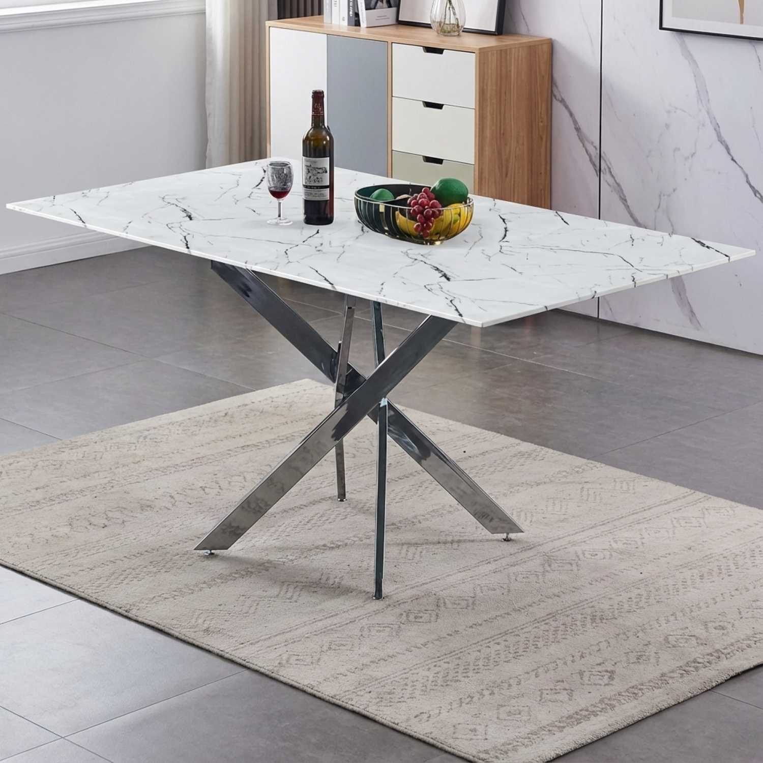 Tempered White Marble Glass Dining Table with Chrome Legs 1442