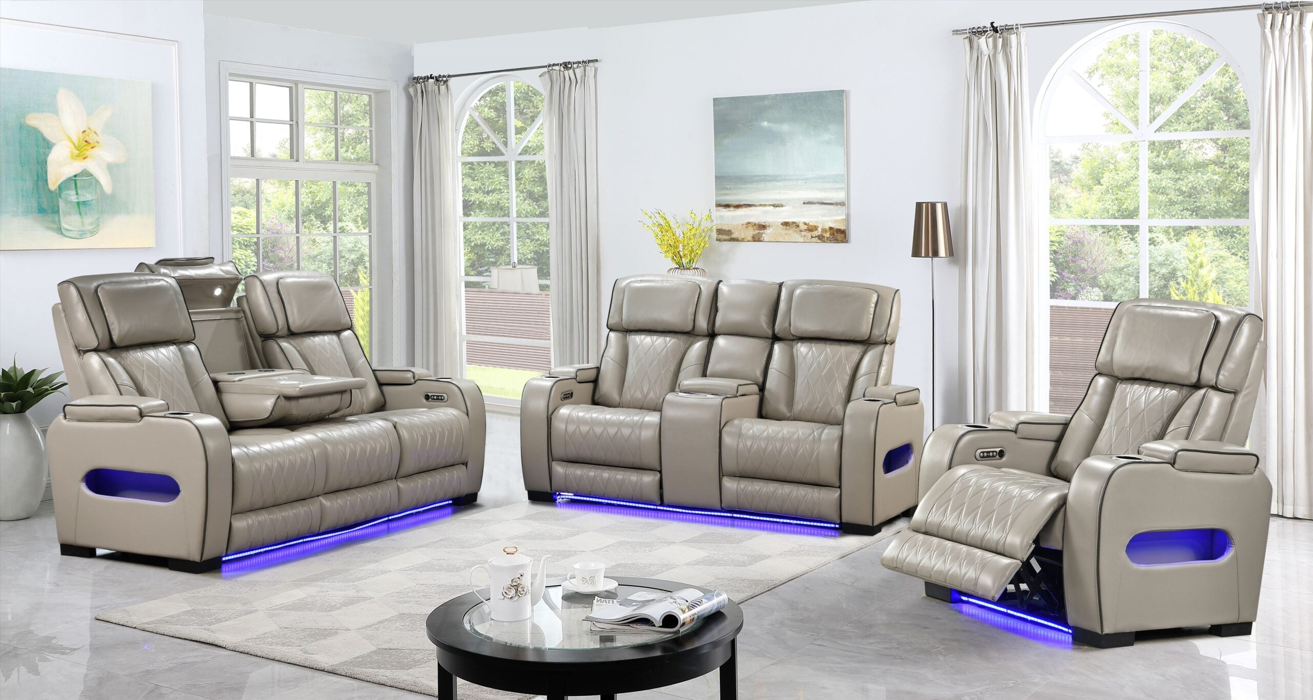 Terry Power Recliner Sofa Set with LED 10152 - Beige
