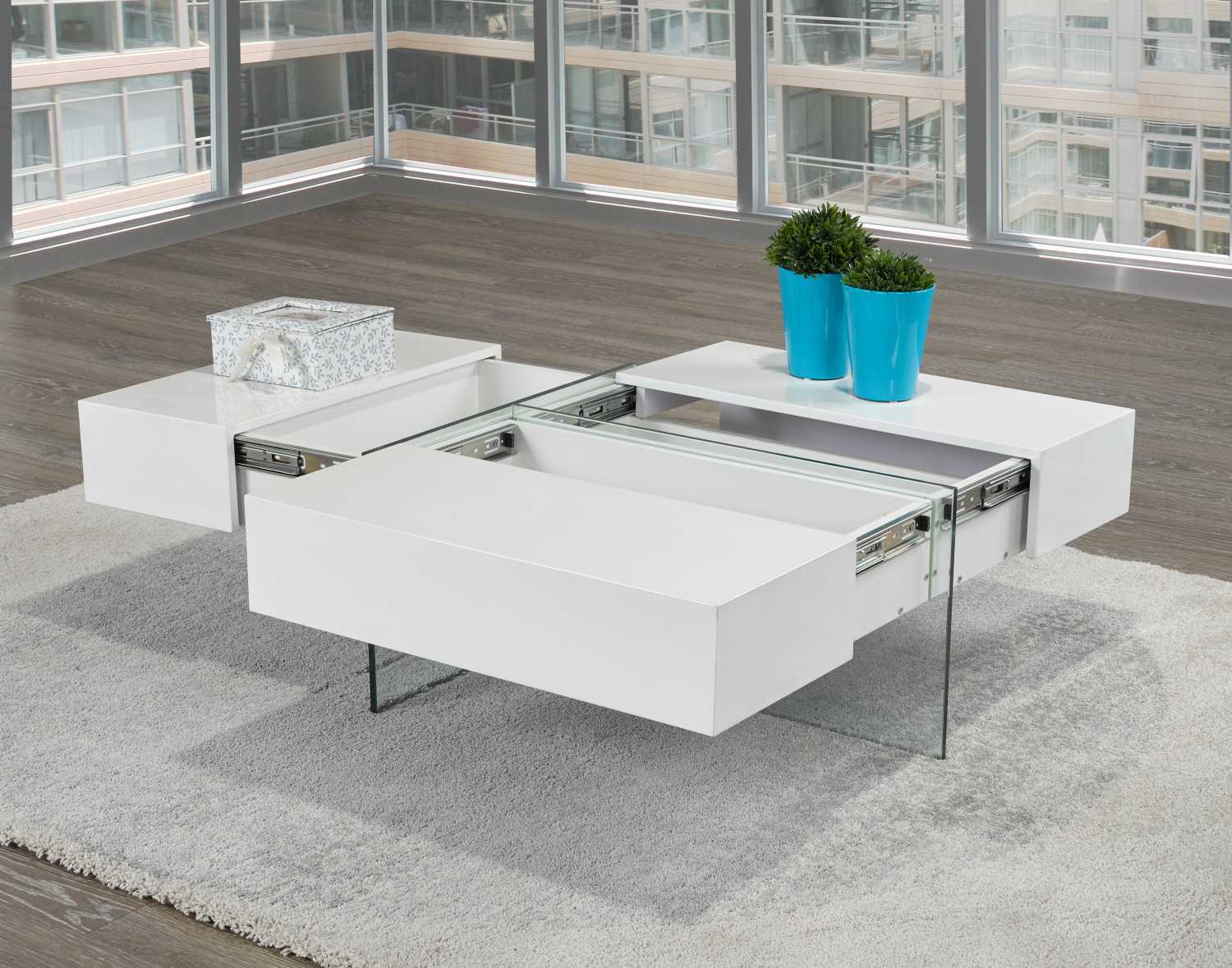 Three Sided Storage Glass Coffee Table White 340-02 C