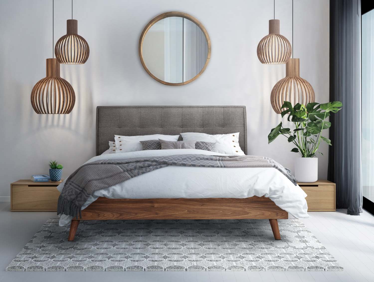 Todros Walnut & Grey Upholstered Platform Bed 5895