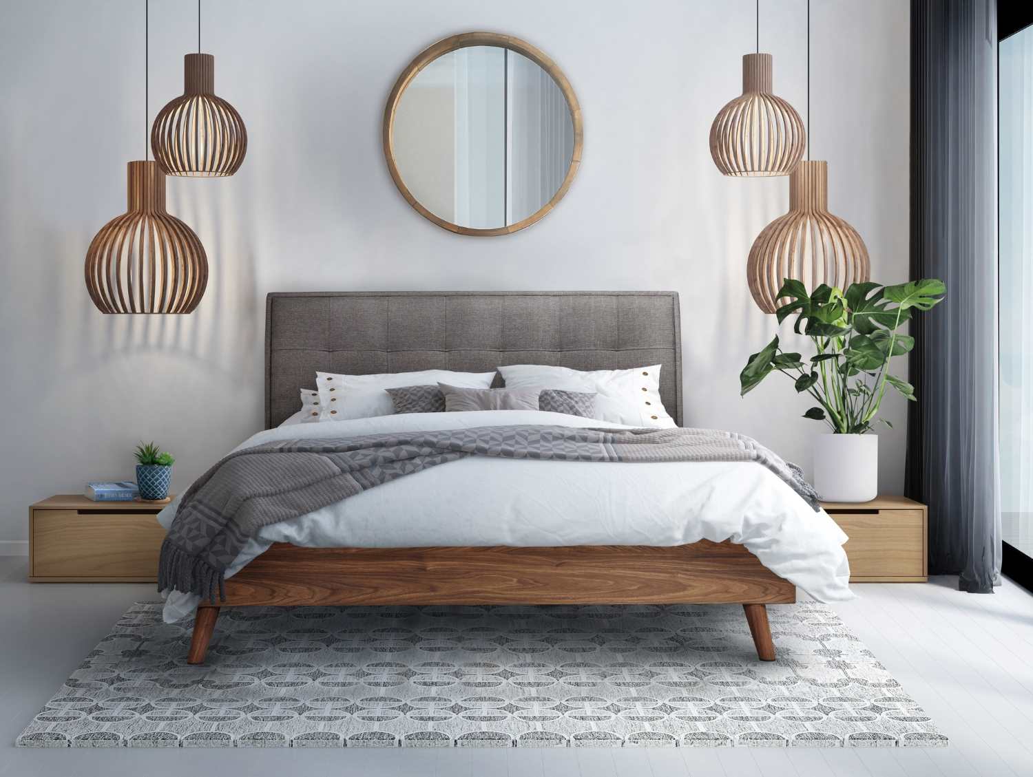 Todros Walnut & Grey Upholstered Platform Bed 5895