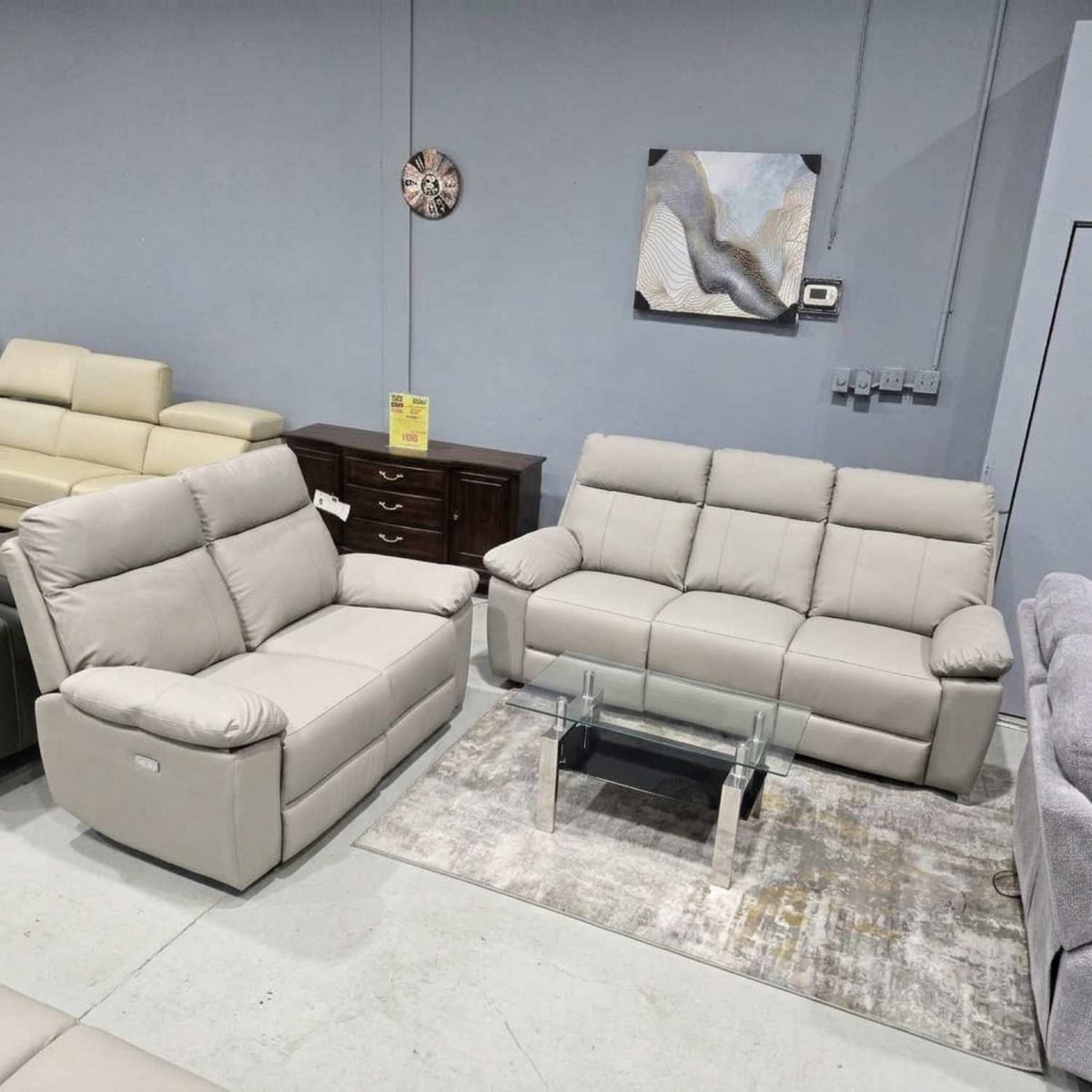 Top Grain Cowhide Power Leather Recliner Light Grey Sofa Set 5244