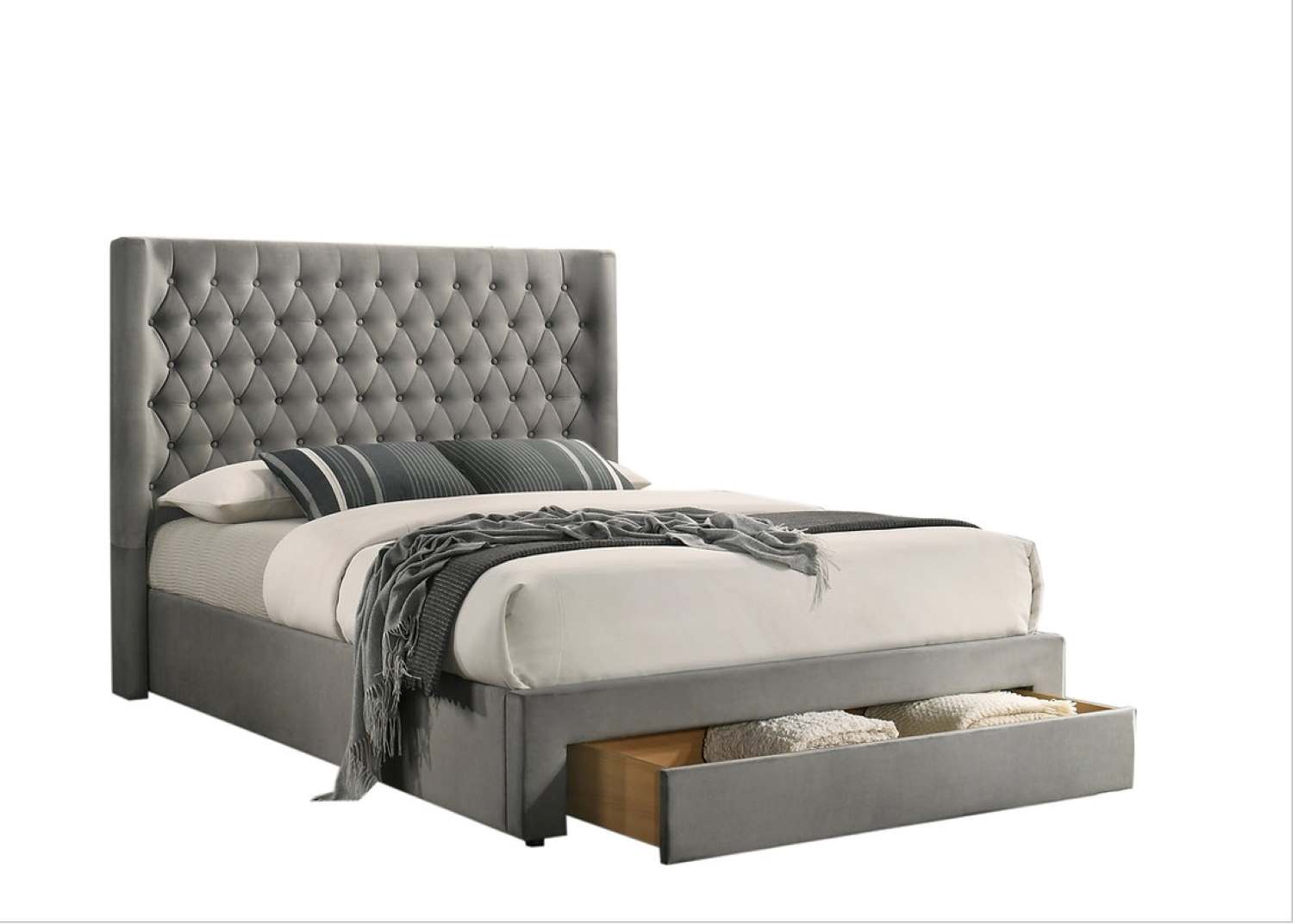 Upholstered Grey Velvet Bed with Built-In Storage Drawer 5761