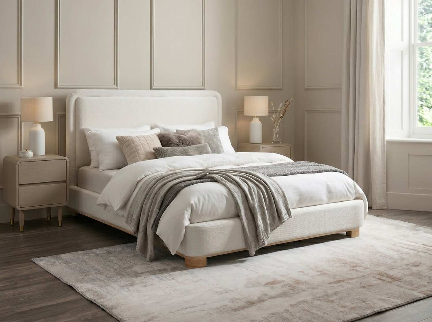 Upholstered Ivory Fabric Bed with Rounded Headboard 5910