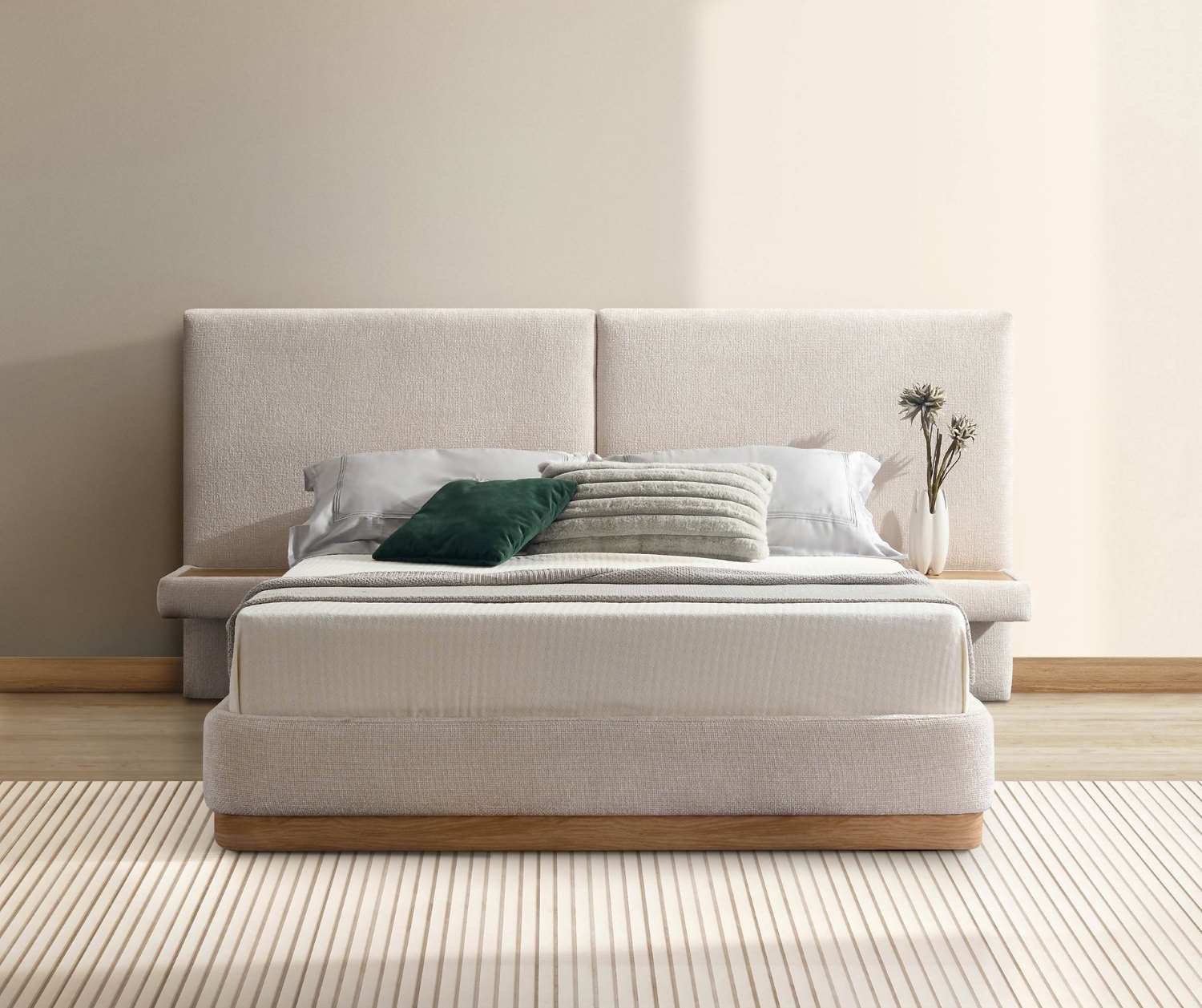 Upholstered Ivory Fabric Bed with Tall Panel Headboard & Floating Nightstands 5927