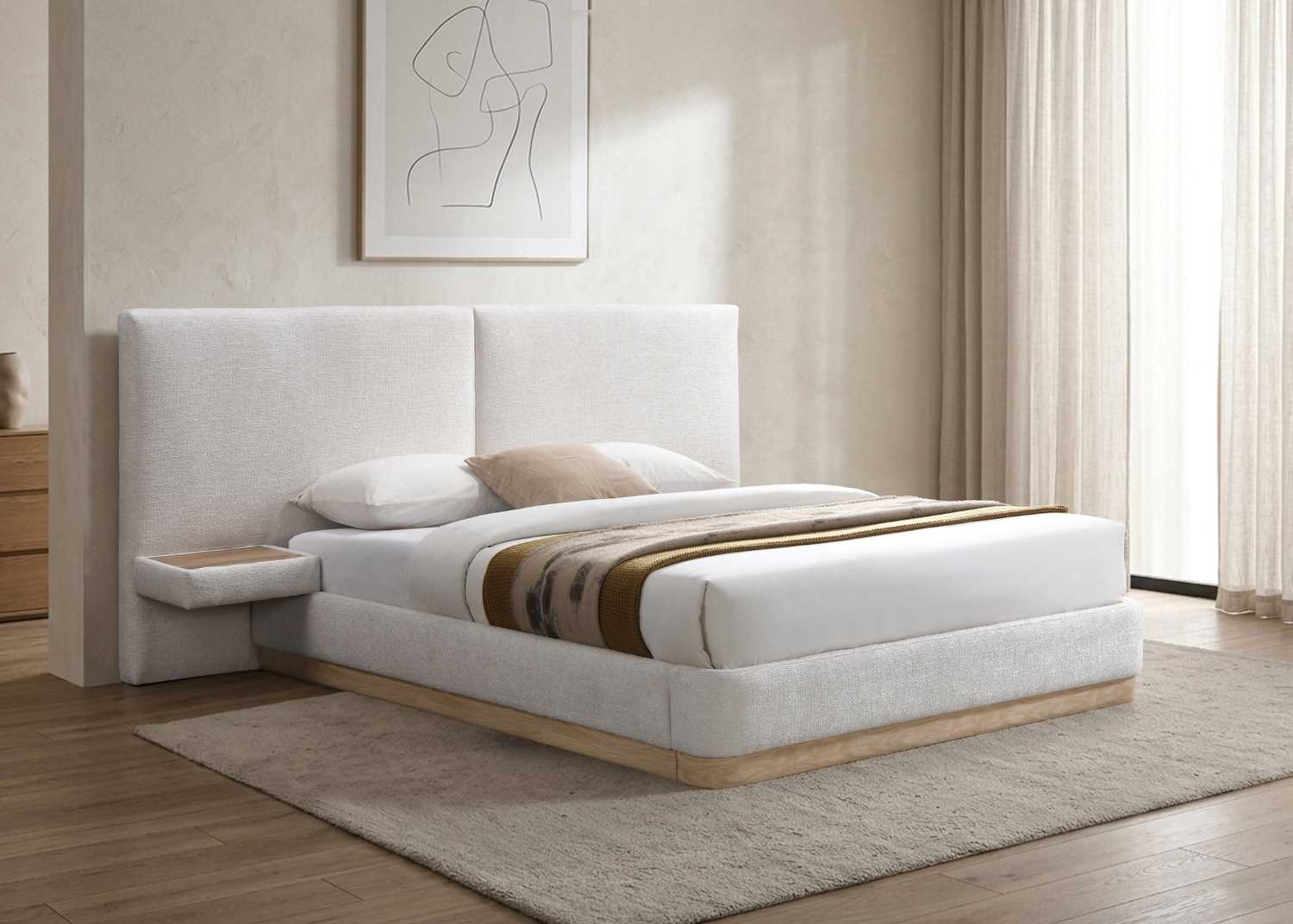 Upholstered Ivory Fabric Bed with Tall Panel Headboard & Floating Nightstands 5927